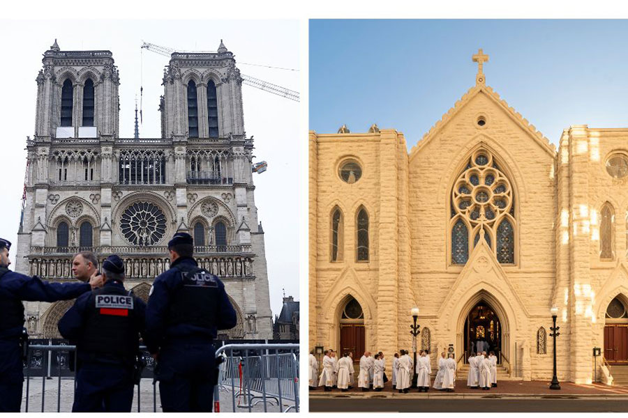 image of Notre Dame next to an image of St. Patrick's Cathedral